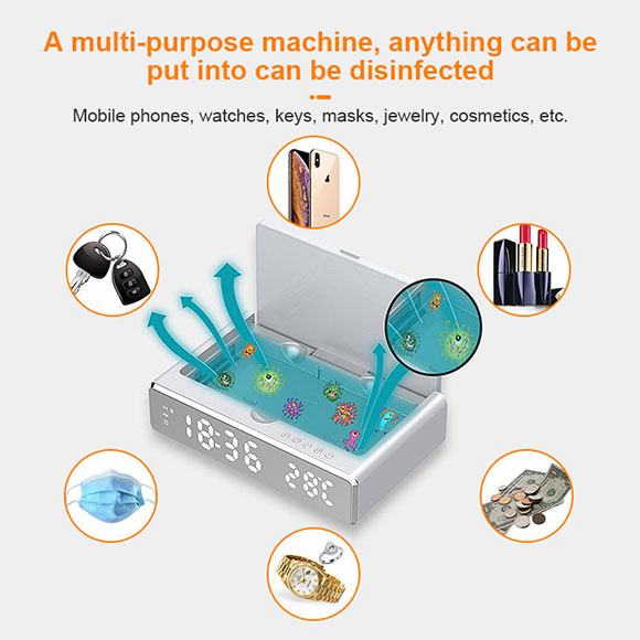 Newest private mould multifunctional Clock Disinfection Box with Wireless Charger LWS-6025